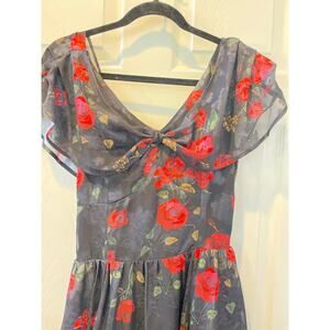 Unique Vintage 1950s Black Red Roses Flutter Sleeve Swing Dress Sz M #31